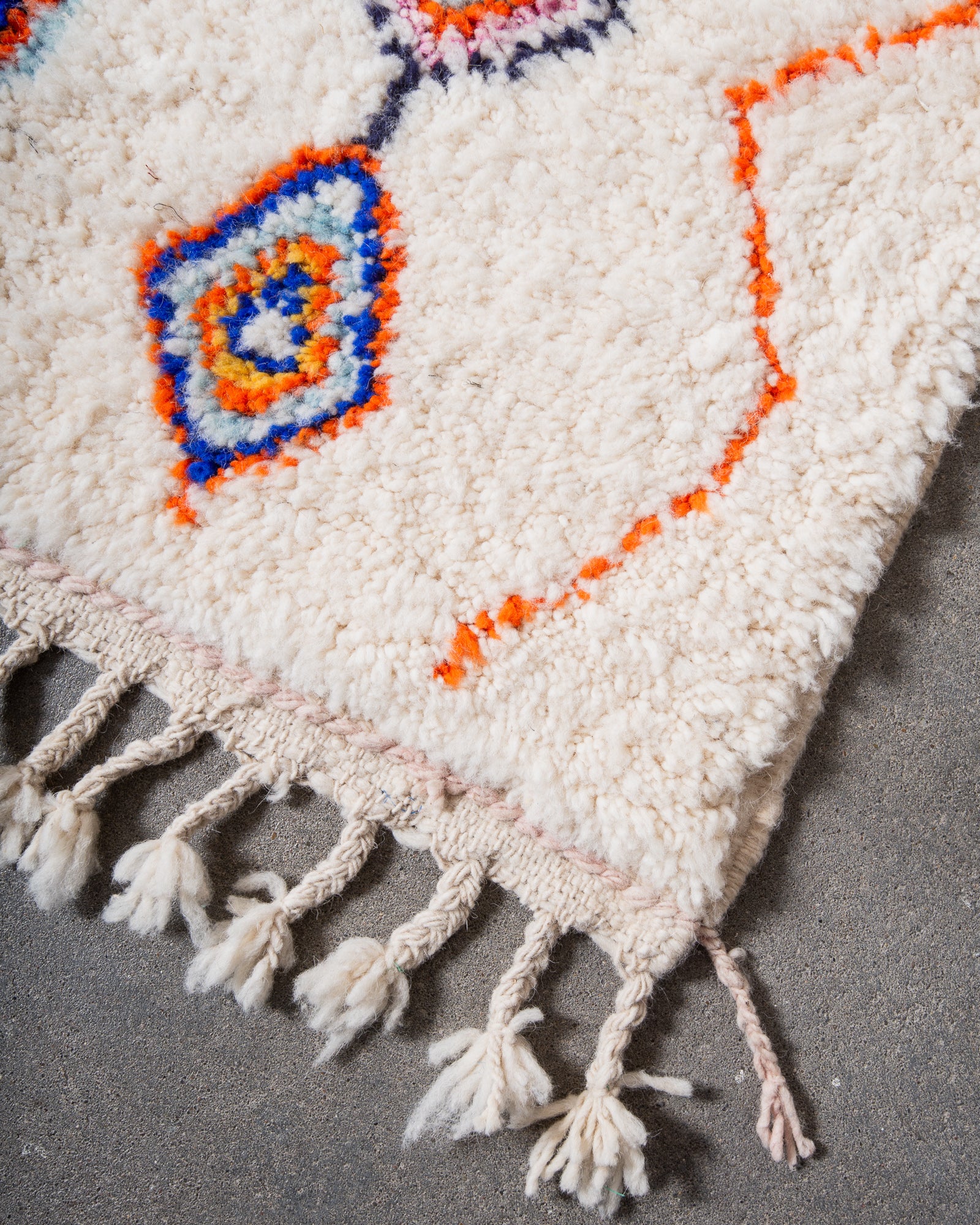 Modern, designer, handcrafted Berber rug from Morocco. Beniourain carpet with beautiful colours and patterns and fluffy wool texture.